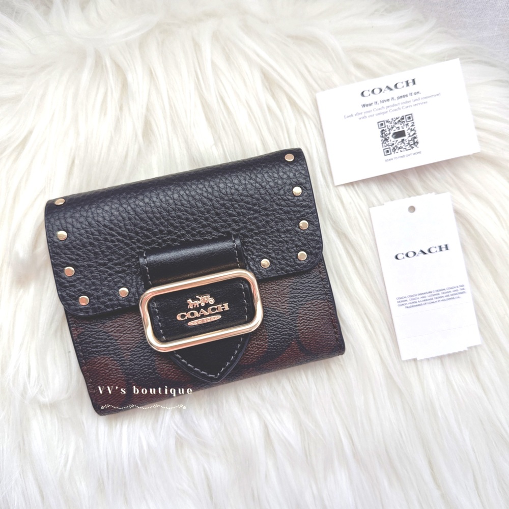 NWT Coach Small Morgan Wallet In Signature Canvas With Rivets Brown Black CF471